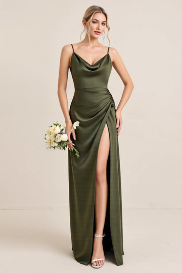 Olive Sheath Satin Ruched Cowl Neck Long Bridesmaid Dress with Slit